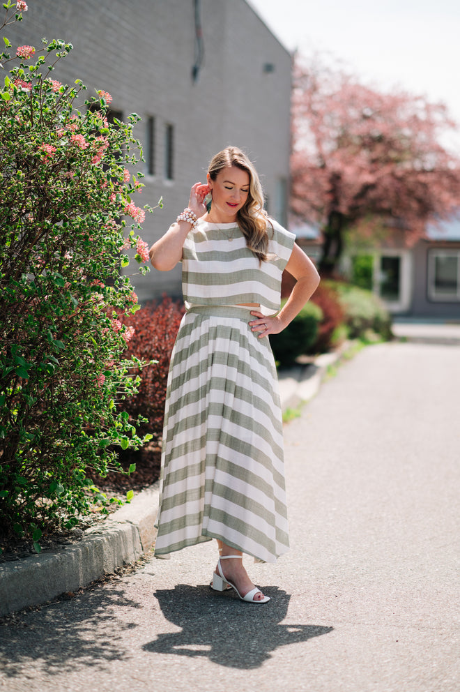 Olive Striped Midi Skirt